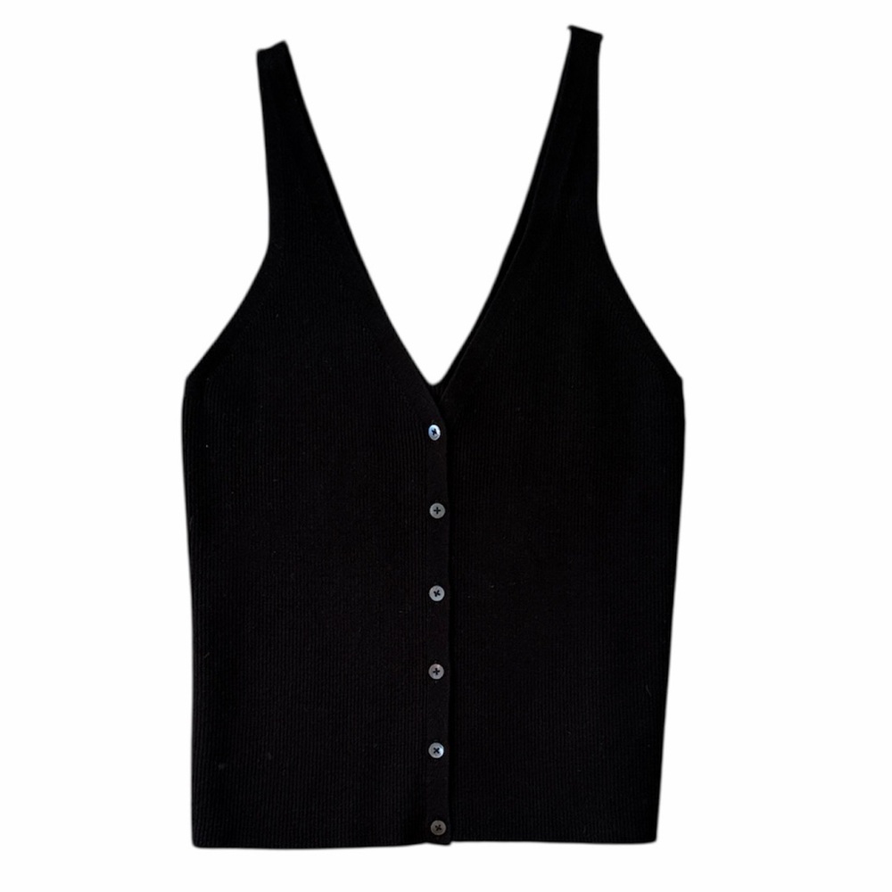 Intermix Women Small‎ V- Neck Ribbed Black Sleeveless Button-Down Top